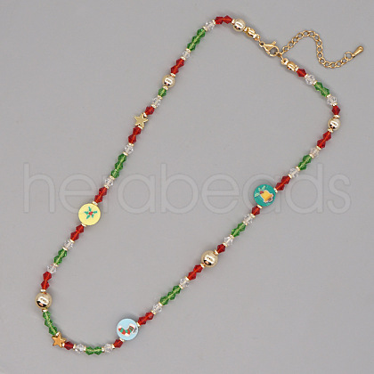 Christmas Theme Glass & Imitation Pearl & Brass Bicone Flat Round Beaded Necklaces GF3195-14-1