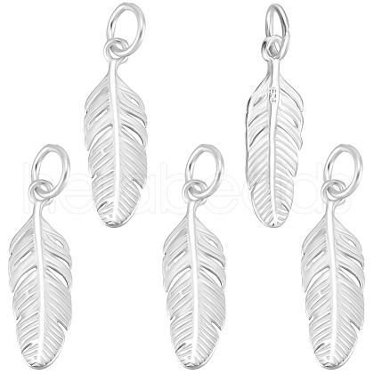 Beebeecraft 5Pcs 925 Sterling Silver Feather Charms with Jump Rings with 1Pc Double Sided Suede Fabric Silver Polishing Cloth FIND-BBC0015-94-1