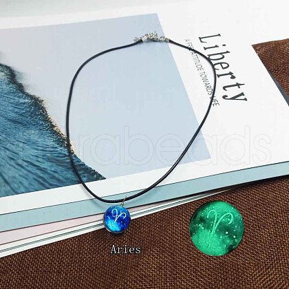 Zinc Alloy & Luminous Blue Glass Flat Round with Constellation Pendant Black Waxed Cord Necklaces WG9F396-05-1