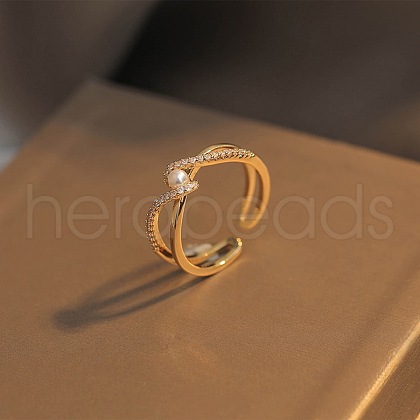 Cross Brass Micro Pave Clear Cubic Zirconia with Plastic Pearl Cuff Rings for Women FS-WGAC91F-01-1