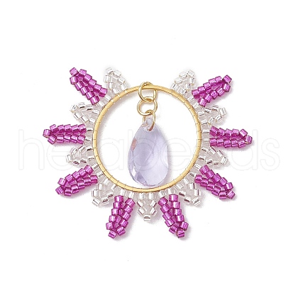 Glass Seed Beaded Flat Round Pendants PALLOY-MZ00570-03-1