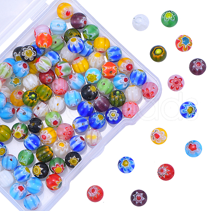 Millefiori Glass Round-Single Flower Bead Strands LAMP-CJ0001-15-1