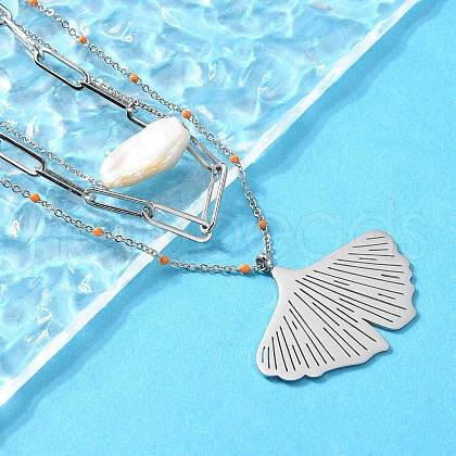 304 Stainless Steel & Natural Pearl & Enamel Beads Leaf Pendant 3 Layer Necklaces for Women NJEW-A045-18P-1