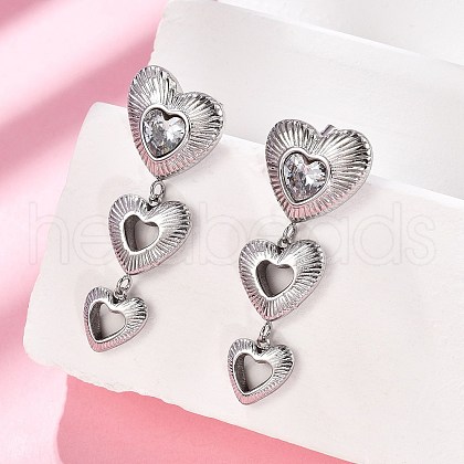 Heart 304 Stainless Steel Clear Cubic Zirconia  Dangle Stud Earrings EJEW-D319-17P-1