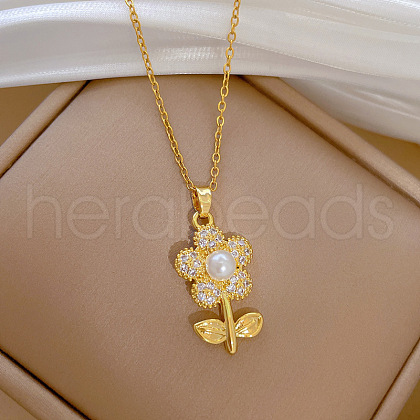Flower 304 Stainless Steel Micro Pave Clear Cubic Zirconia with Plastic Pearl Pendant Necklaces FS-WGEF150-01-1