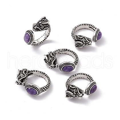 Dragon Head Natural Charoite Cuff Rings RJEW-G273-03AS-03-1