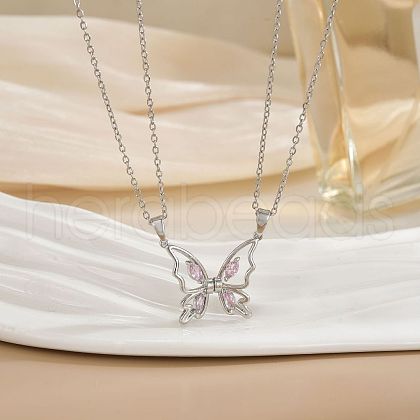Butterfly Alloy Pave Pearl Pink Cubic Zirconia Pendant Couple Magnetic Necklaces WG623A7-02-1