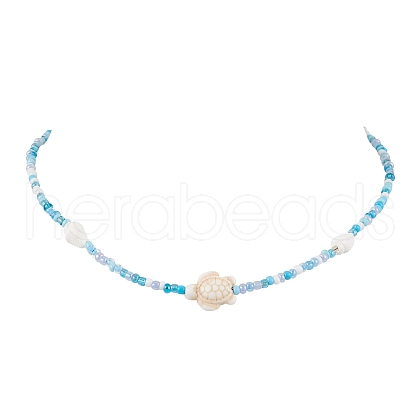 Summer Beach Sea Turtle Dyed Synthetic Turquoise & Glass Seed Beads Beaded Necklaces for Women NJEW-JN05081-02-1