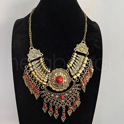 Ethnic Style Zinc Alloy Pave Synthetic Turquoise Teardrop Statement Chunky Bib Necklaces for Women FS-WG23959-07-1