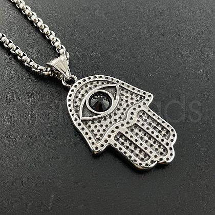Retro Punk Style Stainless Steel Jet Rhinestone Hamsa Hand Pendant Necklaces for Hip-hop Fashion Men JT3718-1
