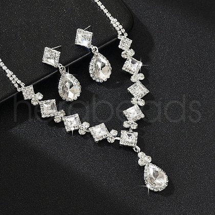 Teardrop & Rhombus Brass Rhinestone Pendant Necklaces & Stud Dangle Earrings Sets FS-WG09414-03-1