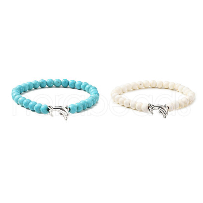 2Pcs 2 Color Tibetan Style Alloy Dolphin & Synthetic Turquoise Round Beaded Stretch Bracelets Set BJEW-JB09895-1
