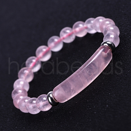 Natural Rose Quartz Curved Rectangle Beaded Stretch Bracelet PW-WG67660-01-1