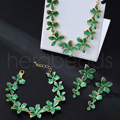 Flower Brass Enamel Pendant Necklace & Stud Dangle Earring & Link Bracelet FS-WG6CF2D-02-1