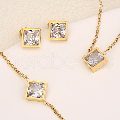 Rhombus 304 Stainless Steel Pave Clear Cubic Zirconia Link Bracelets & Stud Earrings & Pendant Necklaces FS-WG48BD9-01-1