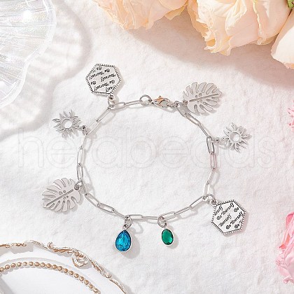 Sun & Leaf 304 Stainless Steel Charm Bracelets for Women BJEW-JB11959-02-1