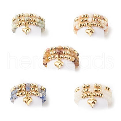 3Pcs 3 Style Natural Gemstone & Brass Beaded Finger Rings with 304 Stainless Steel Heart Charms for Women RJEW-JR00470-1