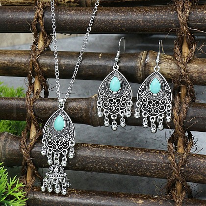 Bohemian Style Alloy & Synthetic Turquoise Pendant Bell Tassel Necklaces & Dangle Earring FS-WGA0D62-04-1