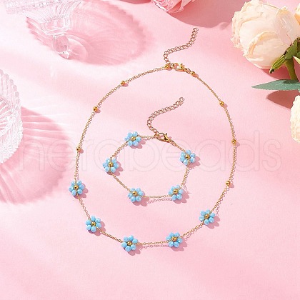 Flower Glass Bracelets & Necklaces Sets for Women SJEW-JS01320-1
