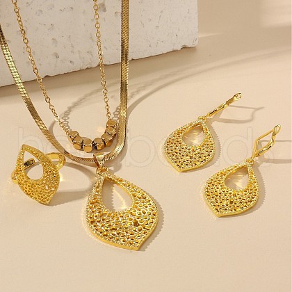 Hollow Leaf Alloy Pendant Necklaces & Hoop Earrings & Rings Sets FS-WGD30F4-01-1