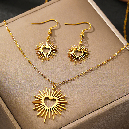 Heart Sun 304 Stainless Steel Pendant Necklaces & Dangle Earrings Sets FS-WGE9EFA-01-1