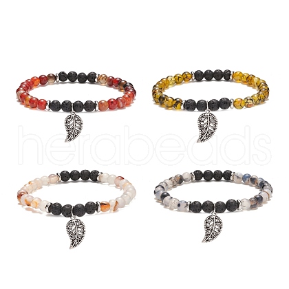 Natural Dragon Veins Agate & Lava Rock Stretch Bracelet with Alloy Leaf Charm BJEW-JB08651-1