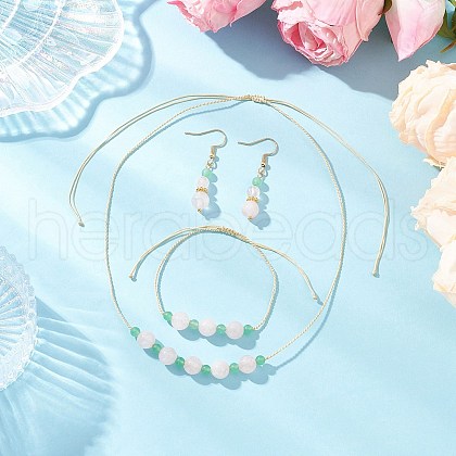 Round Natural Malaysia Jade & Rose Quartz Beaded Necklace & Bracelet & Dangle Earring Sets SJEW-JS01333-1