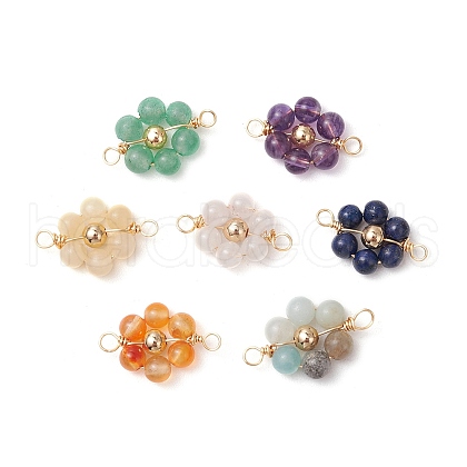 7Pcs 7 Styles Natural Carnelian & Topaz Jade & Amethyst & Rose Quartz & Green Aventurine & Lapis Lazuli & Flower Amazonite & Brass Round Beaded Flower Connector Charms PALLOY-JF03465-1