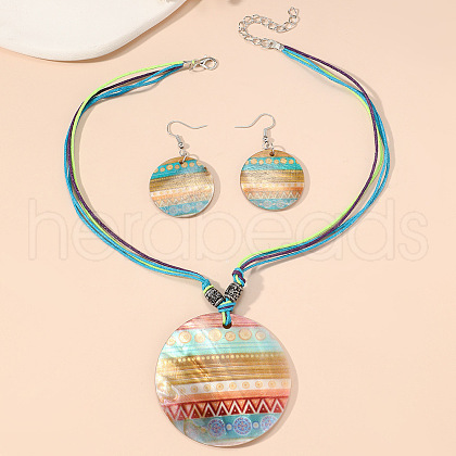 Boho Printed Natural Shell Graffiti Flat Round Pendant Earrings & Necklaces Set FS-WG2A623-05-1
