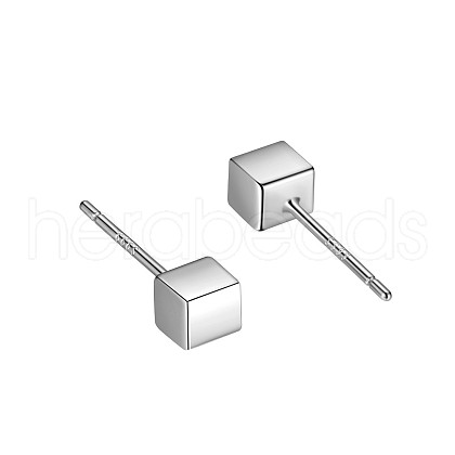 Anti-Tarnish Rhodium Plated Cube 999 Fine Silver Stud Earrings for Women EJEW-S215-09P-1