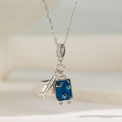 Airplane & Trunk 304 Stainless Steel Micro Pave Clear Cubic Zirconia Pendant Necklaces FS-WG81D22-04-1