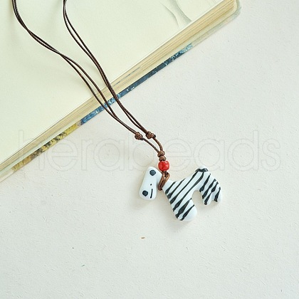 Porcelain Pendant Adjustable Imitation Leather Cord Necklaces for Women FS-WGE6687-04-1