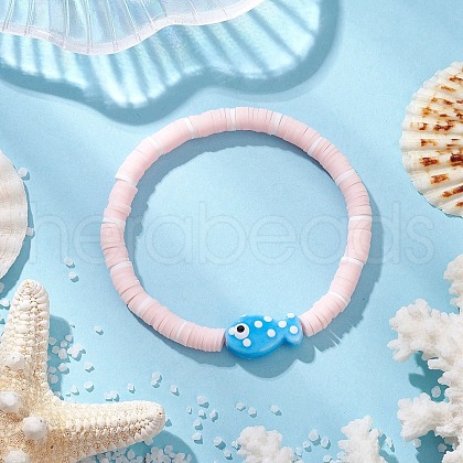 Flat Round Handmade Polymer Clay Heishi Beaded Stretch Bracelets BJEW-JB11715-03-1