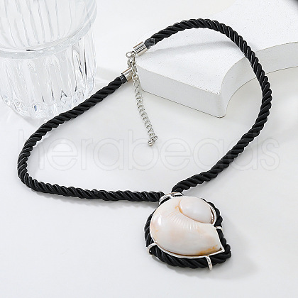 Summer Alloy Pave Resin Shell Shaped Pendant Black Polycotton Cord Necklaces FS-WG37484-02-1