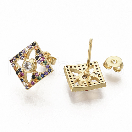 Brass Micro Pave Colorful Cubic Zirconia Stud Earrings EJEW-S208-020-1