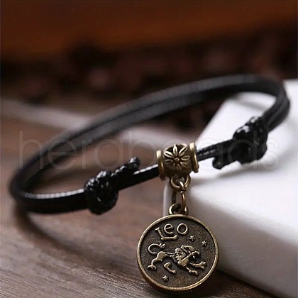 Alloy Flat Round with Constellation Charms Double Layer Black Imitation Leather Cord Adjustable Anklets WGE0879-02-1