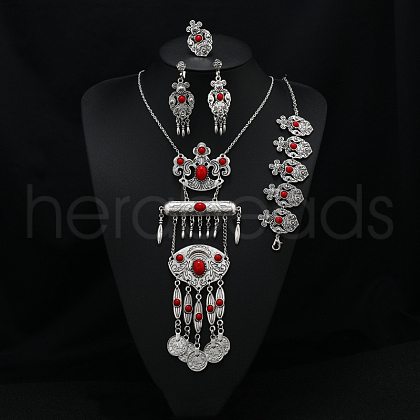 Oval Alloy with Resin Pendant Necklace & Stud Dangle Earring & Link Bracelet & Ring FS-WGB1F06-03-1