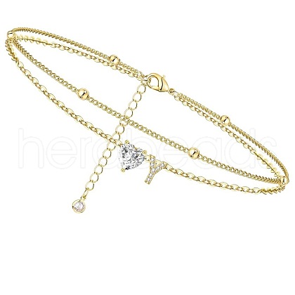 Heart & Letter Brass Crystal Rhinestone Charm Double Layer Anklets FS-WG6749C-25-1