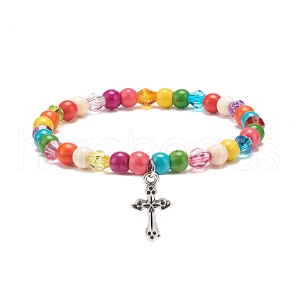Synthetic Turquoise(Dyed) & Acrylic Beaded Stretch Bracelet with Alloy Charm for Women BJEW-JB08627-01-1