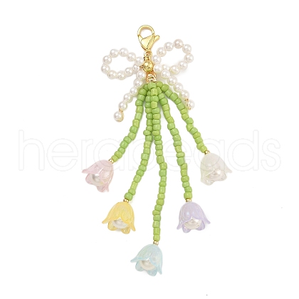 Bowknot & Flower Glass Seed Pendant Decoration HJEW-TA00311-02-1