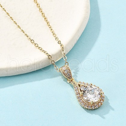 Brass Micro Pave Clear Cubic Zirconia Teardrop Pendant Neckalces for Women NJEW-S448-13G-1