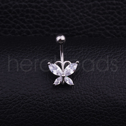 316L Surgical Stainless Steel Micro Pave Clear Cubic Zirconia Curved Barbell Belly Rings WGD8A79-07-1