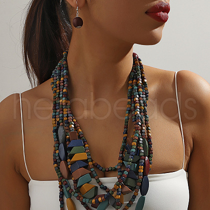 Bohemian Style Wood Beaded Multilayer Necklaces & Dangle Earrings Sets WG33684-06-1