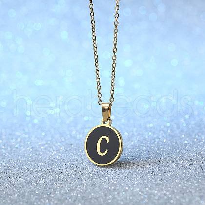 Alloy Black Enamel Disc with Initial Pendant Necklaces for Women WGEDF6F-03-1