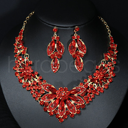 Flower Alloy Glass Rhinestone Pendant Necklace & Stud Dangle Earring Sets FS-WG74144-01-1
