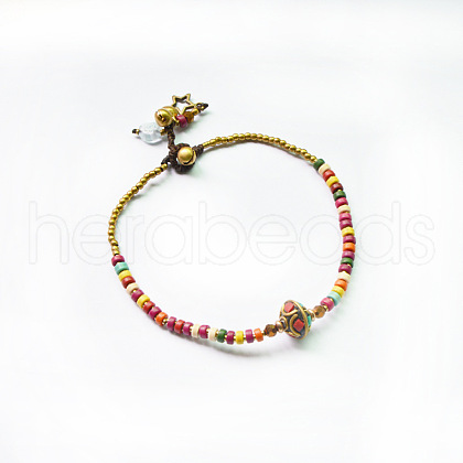 Alloy Rondelle & Dyed Synthetic Turquoise Heishi Braided Beaded Adjustable Anklets for Women FS-WG1CCC6-03-1