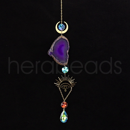 Natural Amethyst Piece & Metal Evil Eye Moon Hanging Ornaments PW-WG66301-03-1
