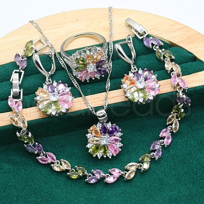 Flower Brass Pave Cubic Zirconia Pendant Necklaces & Earring & Ring & Link Bracelets Sets for Women FS-WG38B31-03-1