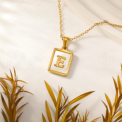 Rectangle Stainless Steel Pave Natural White Shell Initial Pendant Necklaces for Women FS-WGB5EDA-05-1