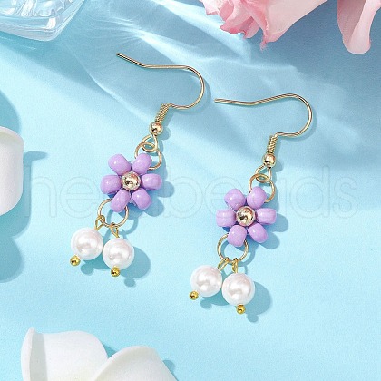 Shell Pearl Beads & Glass Seed Dangle Earrings EJEW-MZ00310-05-1
